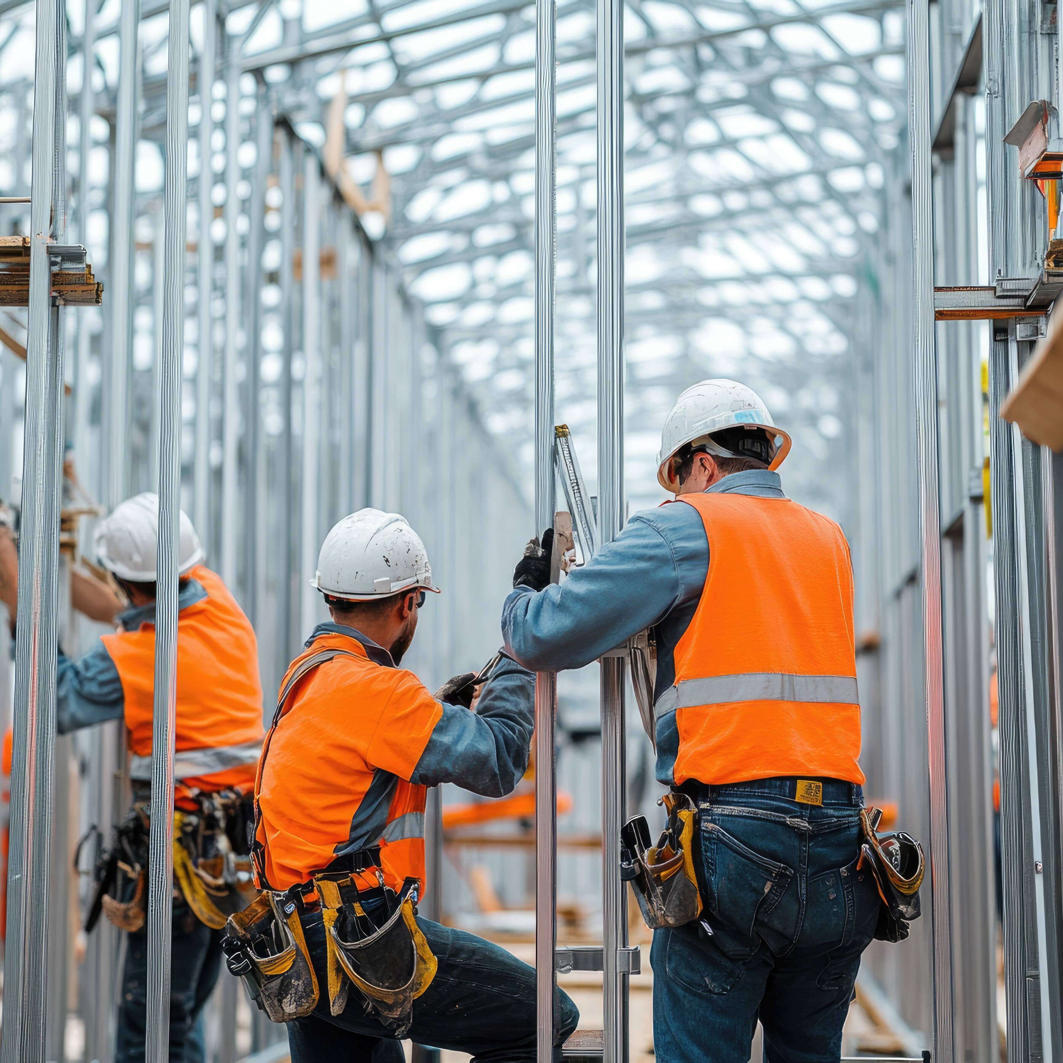 A team of skilled workers constructs a durable metal frame building at a housing development site in America, contributing to the growing real estate market in the USA.